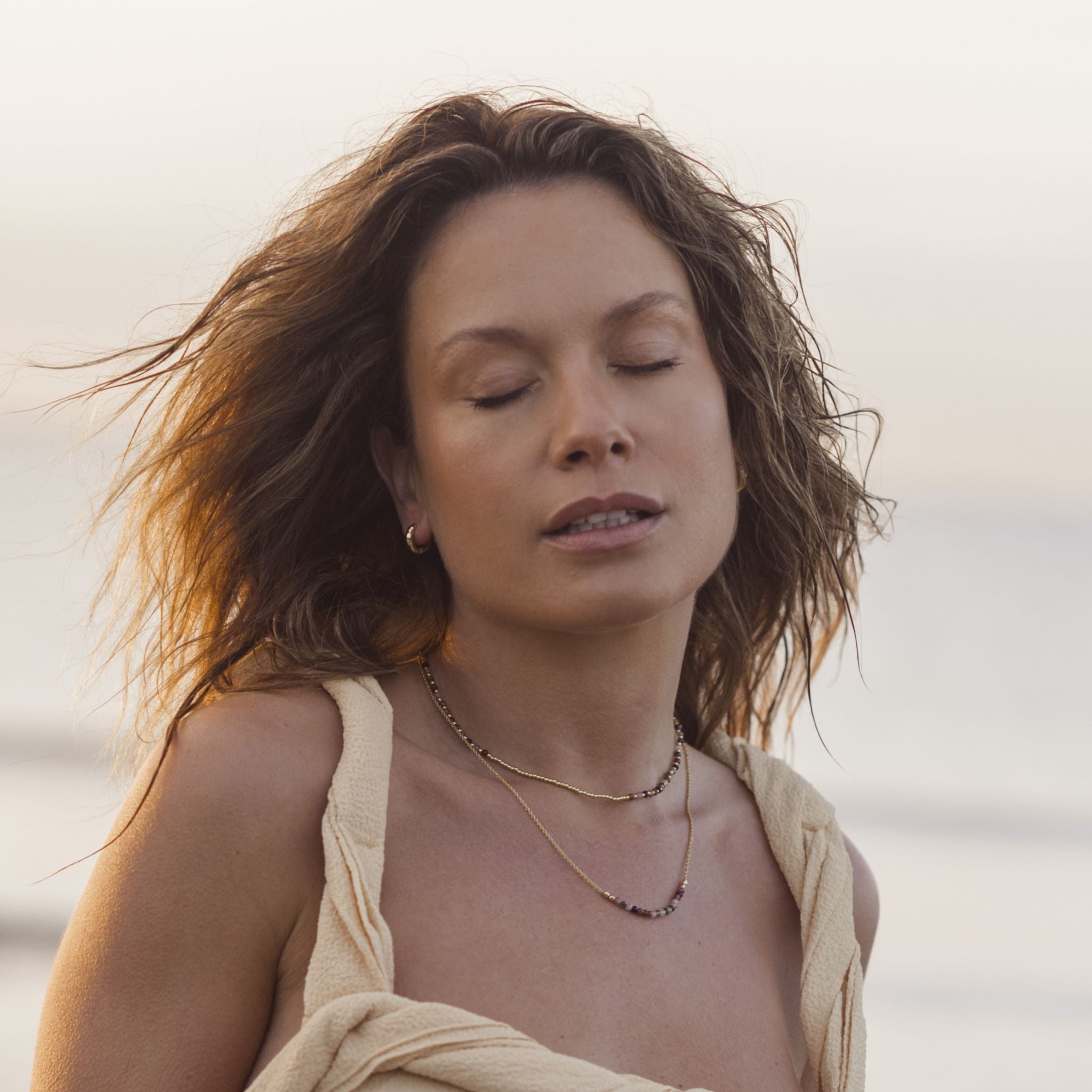 Koh Tao beaded necklace- Watermelon Tourmaline, Gold Brass collection