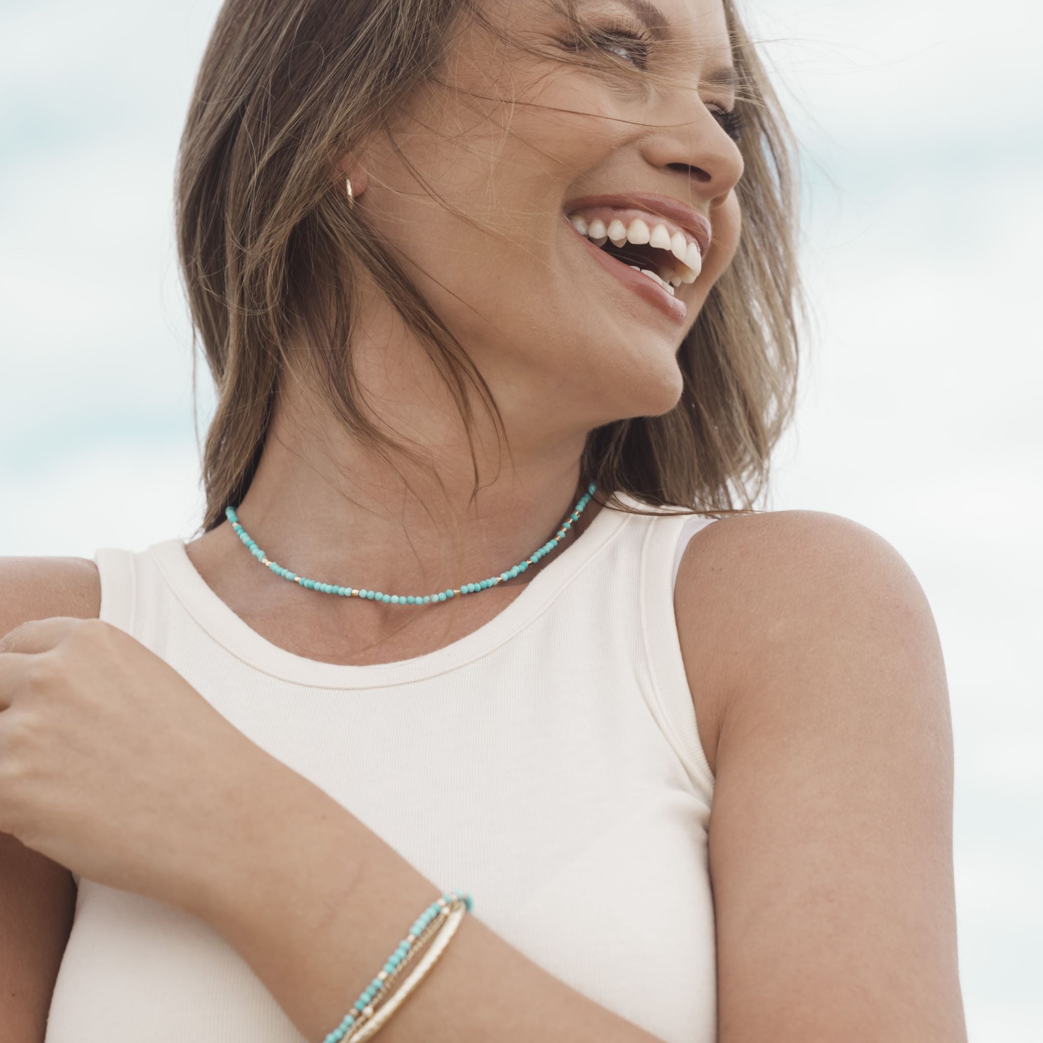 Bali beaded necklace -  Turquoise, Gold Brass collection