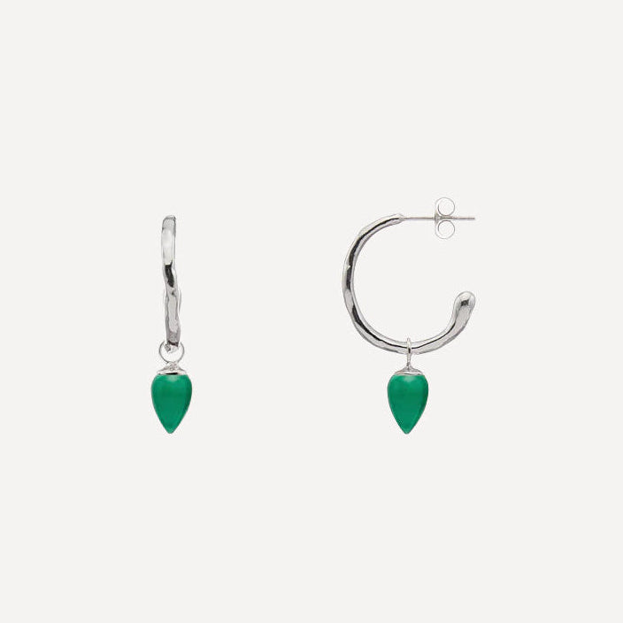 A pair of silver hoop earrings with teardrop-shaped green stone pendants, shown against a light gray background.