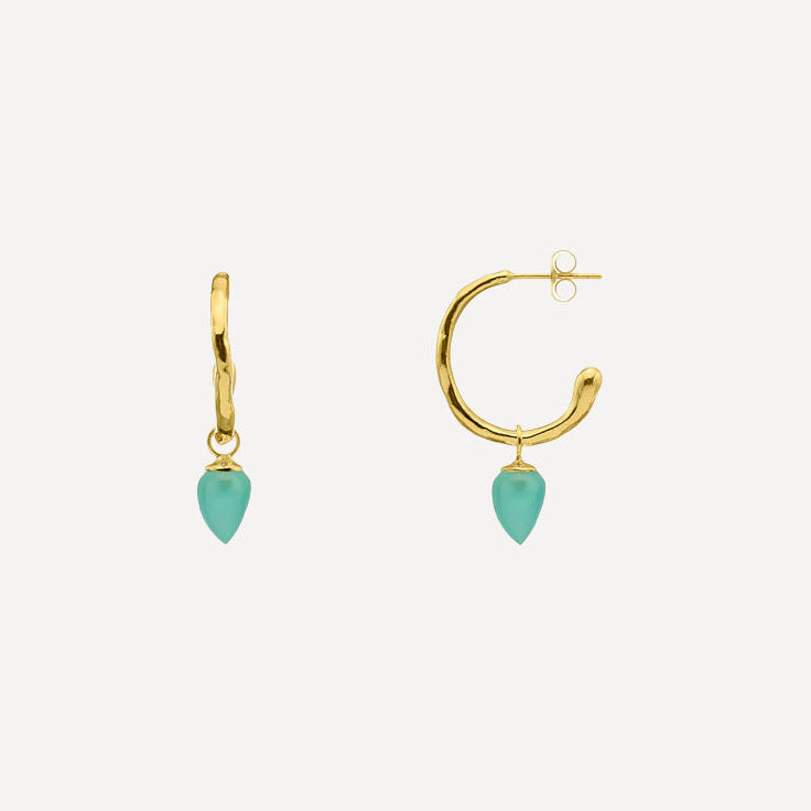 Gold hoop earrings with turquoise teardrop charms on a white background